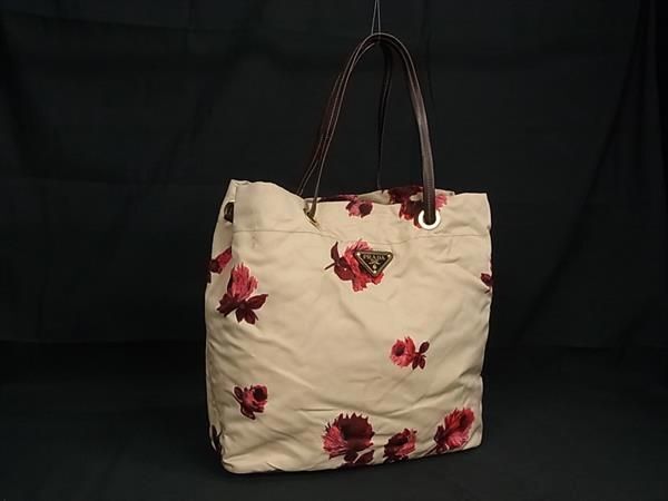 1円 ■美品■ PRADA プラダ テスートナイロン フラワー 花柄 トートバッグ ショルダーバッグ 肩掛けかばん レディース ベージュ系 BF6758の画像1