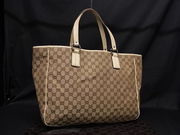 1円 GUCCI グッチ 113022 002214 GG柄 GGキャンバス×レザー トート ハンドバッグ ショルダー 肩掛け ブラウン系×アイボリー系 CD1418_画像1