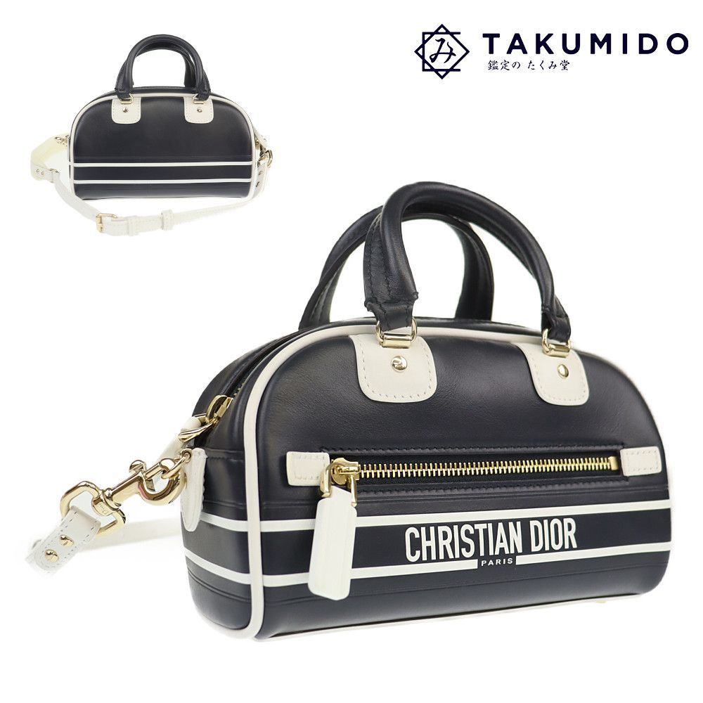 代引き不可 クリスチャンディオール Christian Dior 2WAY ボーリングバッグ ヴァイブ ロゴ ネイビー ホワイト 中古SA 276165