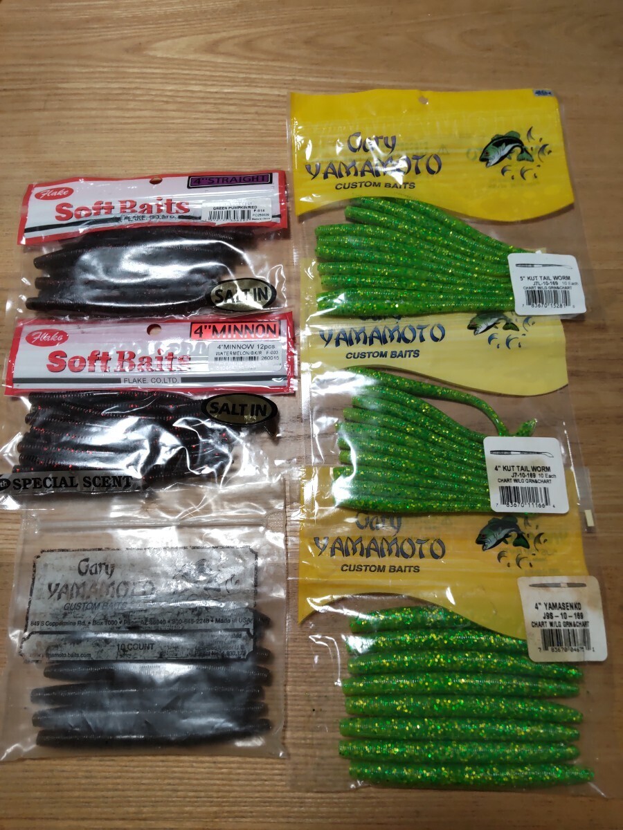 ゲーリーヤマモト カットテール ヤマセンコー Soft Baits ミノー ストレート バス釣り 未使用、中古ワームセットの画像1