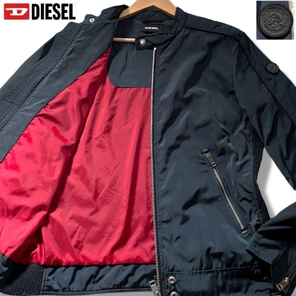 極美品/XLサイズ●DIESELディーゼル ナイロン ジップ ジャケット ライダース 春 スプリング 裏地レッド 赤 肩ブレイブマンロゴ ネイビー_画像1