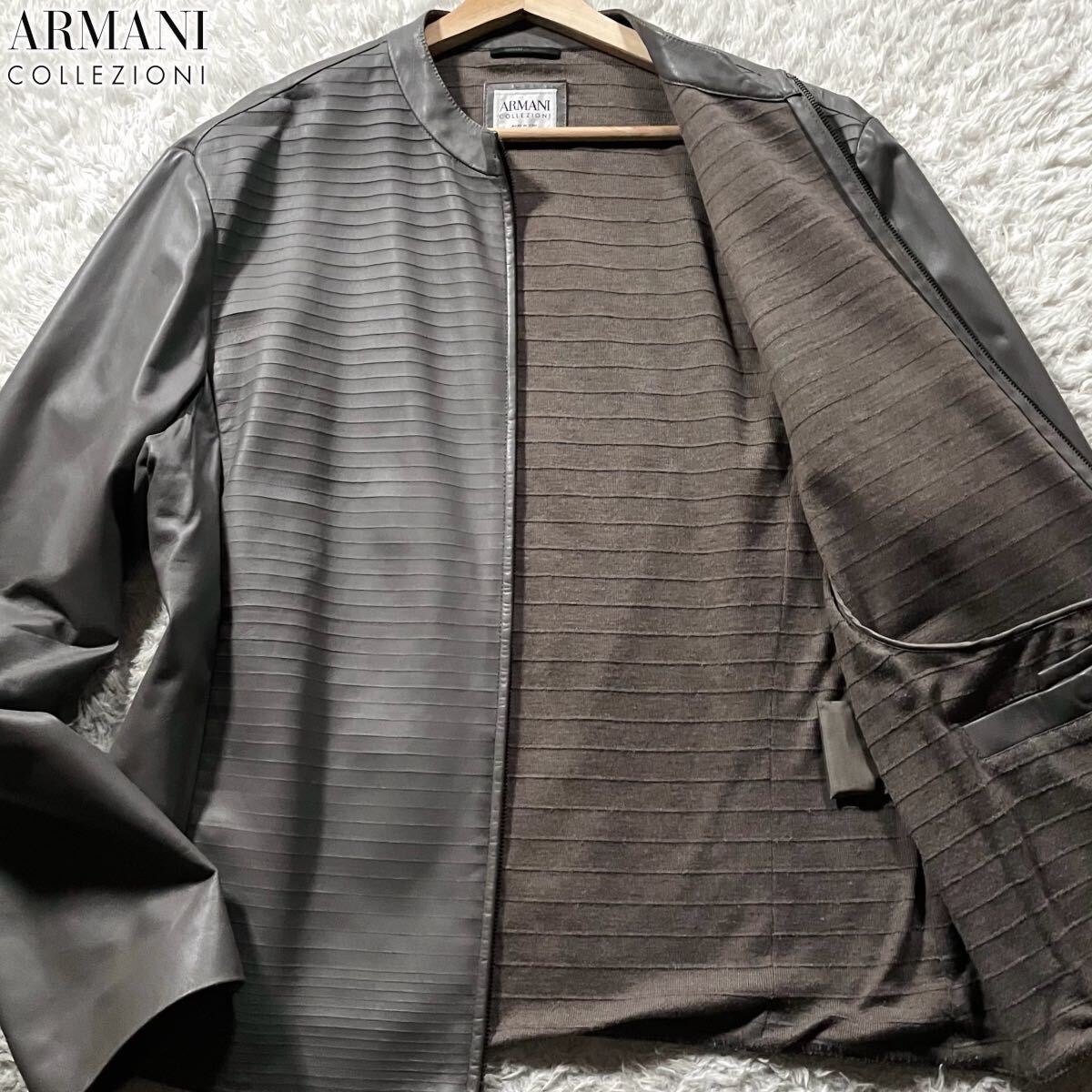 極美品/XLサイズ●アルマーニ コレツィオーニ ラムレザー ジャケット ライダース ARMANI COLLEZIONI ダブルジップ 羊革 蛇腹 ジャバラ風 54_画像1