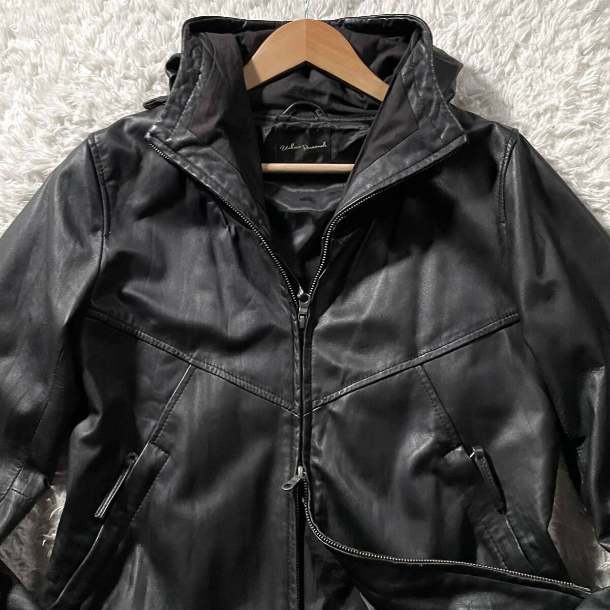 L size * Urban Research URBAN RESEARCH ram leather Parker jacket Rider's sheep leather double Zip fastener black black 40