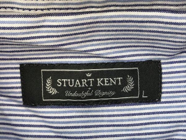 STUART KENT メンズ ストライプ 胸ポケット付き 長袖シャツ L 白水色紺_画像2