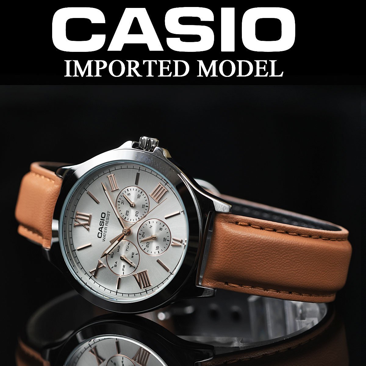 逆輸入カシオ 軽さ49g シルバー＆ブラウン ローマ数字 30m防水 新作マルチファンクション 腕時計 新品 CASIO メンズ 日本未発売の画像2
