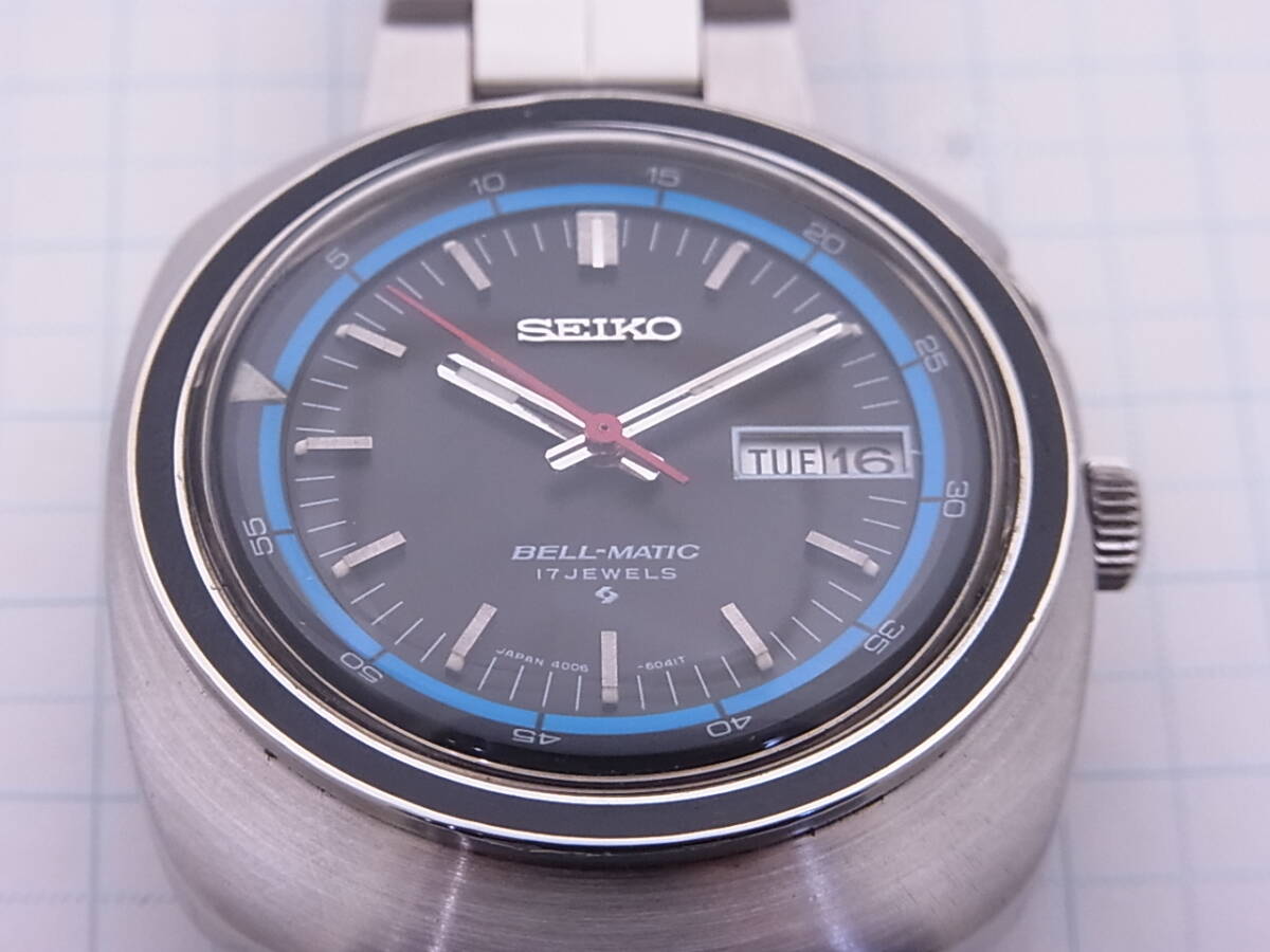 ●セイコー SEIKO ベルマチック 17JEWELS 4006-6021 ブルーインナーベゼル 黒文字盤 四角型ケース 自動巻 ビンテージ アラーム時計_画像10