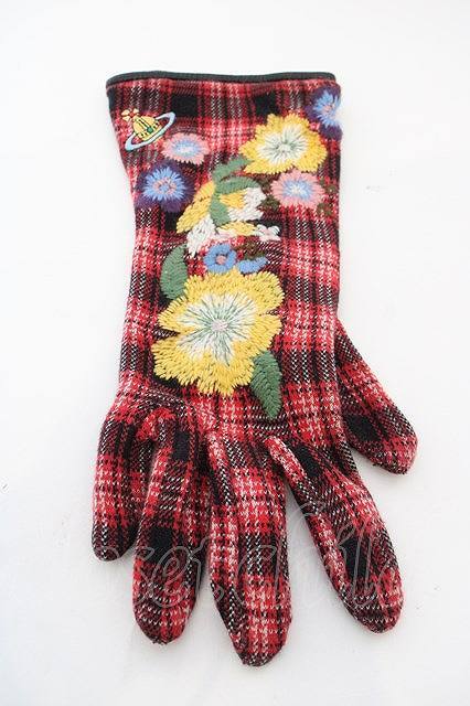 【USED】Vivienne Westwood フラワー刺繍チェック手袋 ヴィヴィアンウエストウッド ビビアン レッド 【中古】 O-24-03-17-032-gd-IG-OS_画像3