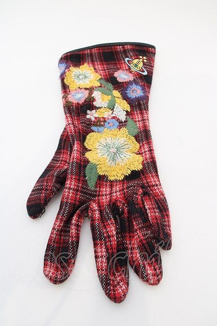 【USED】Vivienne Westwood フラワー刺繍チェック手袋 ヴィヴィアンウエストウッド ビビアン レッド 【中古】 O-24-03-17-032-gd-IG-OS_画像2