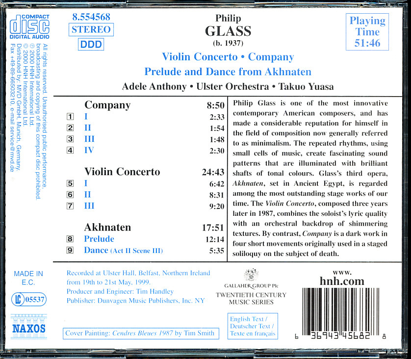NAXOS アデレ・アンソニー/Adele Anthony - グラス：カンパニー, ヴァイオリン協奏曲,「アクナーテン」より前奏曲 4枚同梱可 3B00004SSJ2の画像2