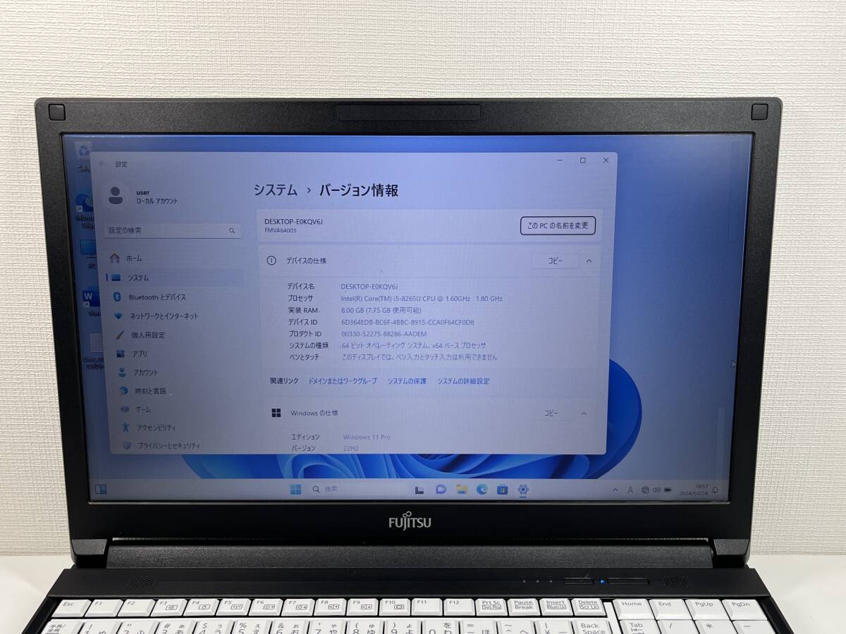 富士通 LIFEBOOK A579/B 第8.5世代 i5-8265u/8GB/128GB 15.6型 Windows11 Office 300F 美品の画像3