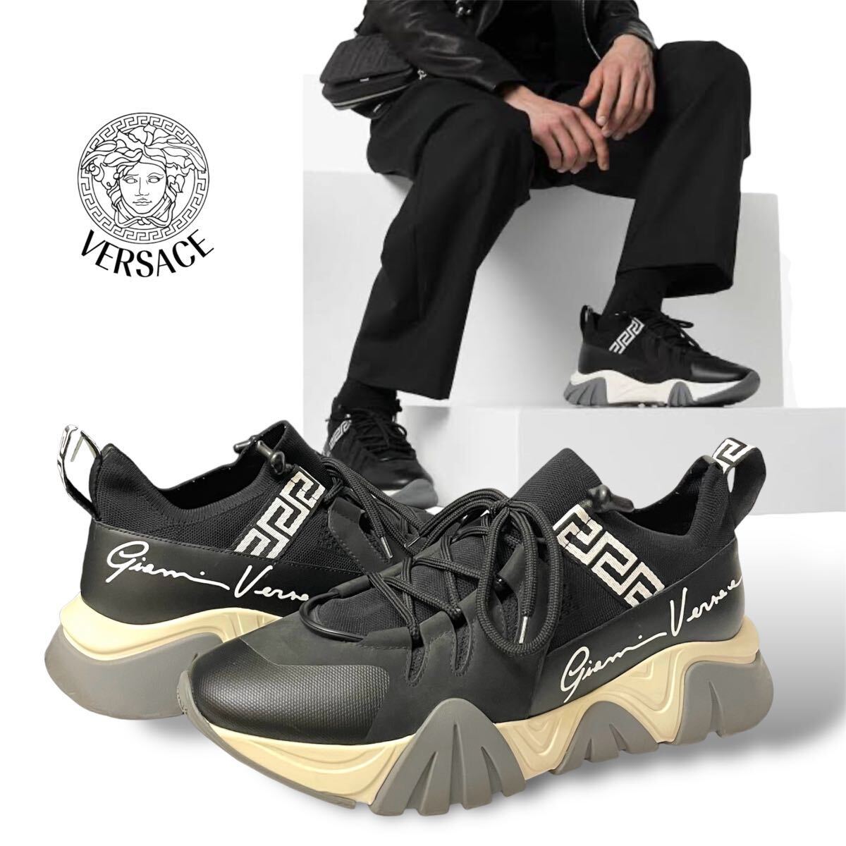 正規品 VERSACE Squalo Knit Sneakers ヴェルサーチ スクワロ ニット レザー スニーカー トレーナー シューズ ロゴ グレカ ブラック 良品