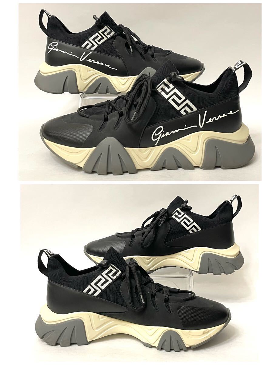 正規品 VERSACE Squalo Knit Sneakers ヴェルサーチ スクワロ ニット レザー スニーカー トレーナー シューズ ロゴ グレカ ブラック 良品の画像3