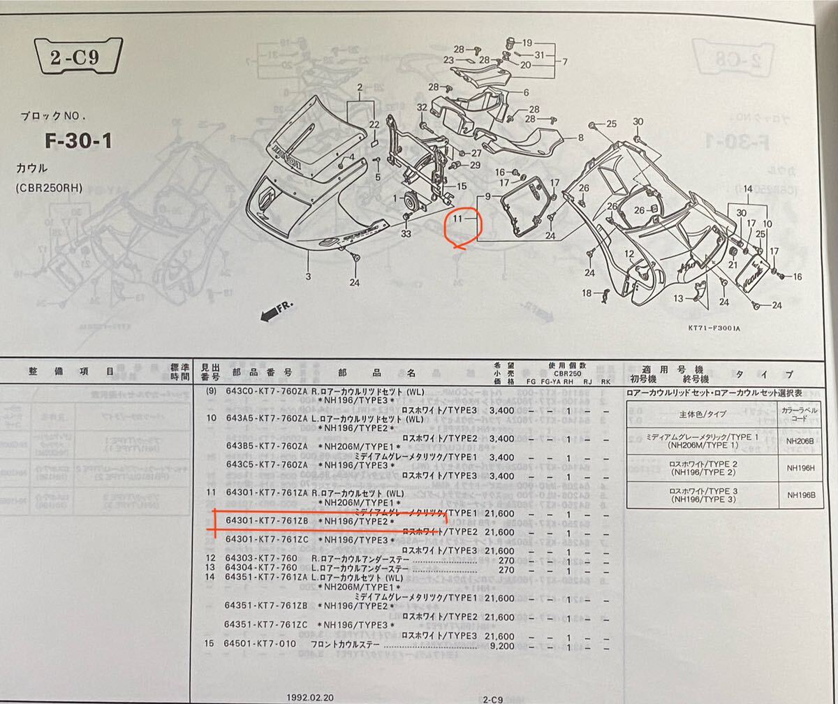 ◎訳あり 未使用品 当時物 MC17 ホンダ CBR250RH ハリケーン 右ロアカウルセット ニハリ 64301-KT7-761ZB_画像9