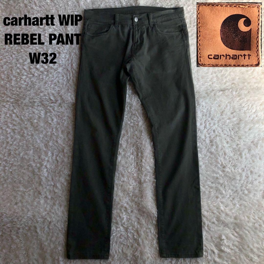 古着 希少 Carhartt WIP カーハート ダック ストレッチパンツ w32 カーキ ワークパンツ 細身 レザーロゴパッチ_画像1