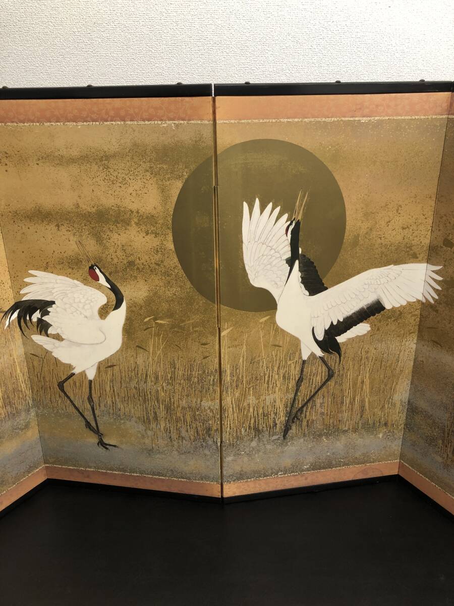 屏風 衝立 / 鶴 ツル 日本画 時代物 旧家 屏風 小道具 アンティーク 仕切り 和室 骨董品_画像2