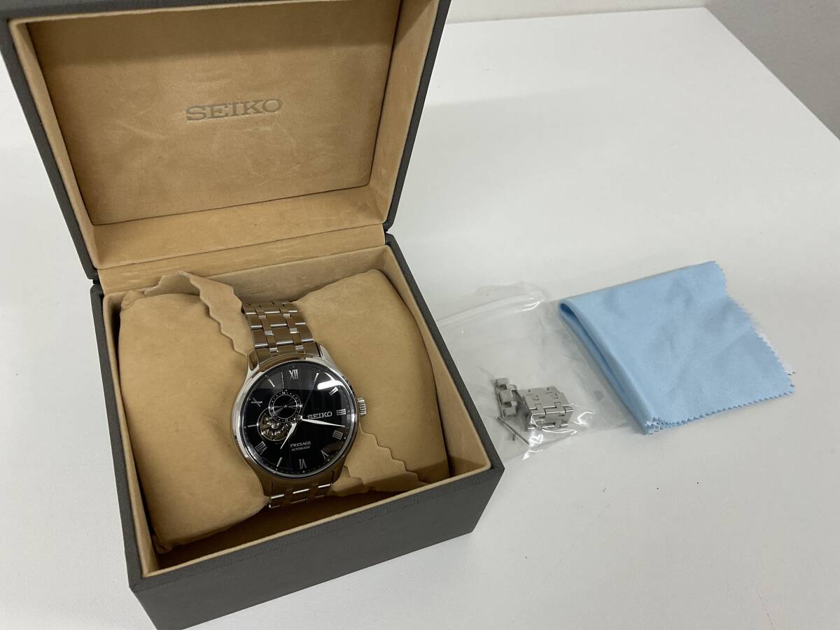 良品 SEIKO セイコー 腕時計 メンズ 4R39-00W0 ステンレス 稼動 コマ付 裏スケ/プレサージュ/ブラック文字盤/自動巻【8190】_画像8