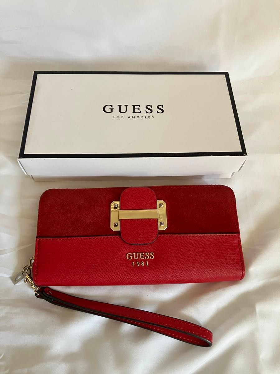 訳あり guess 財布 赤 レザー×スエード