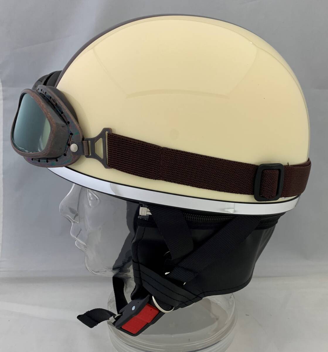 ゴーグル付き半キャップヘルメット ビンテージヘルメット ハーフキャップヘルメット アイボリーの画像2