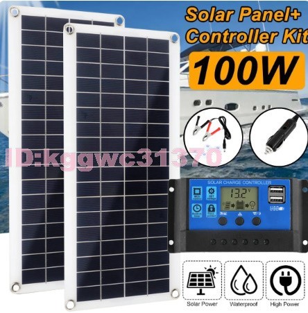 vh08: 太陽光発電 100W USB ソーラーパネル バッテリー 充電器 12V 30A レギュレーター 自動車 キャンピングカー ヨット 太陽電池 新品_画像1