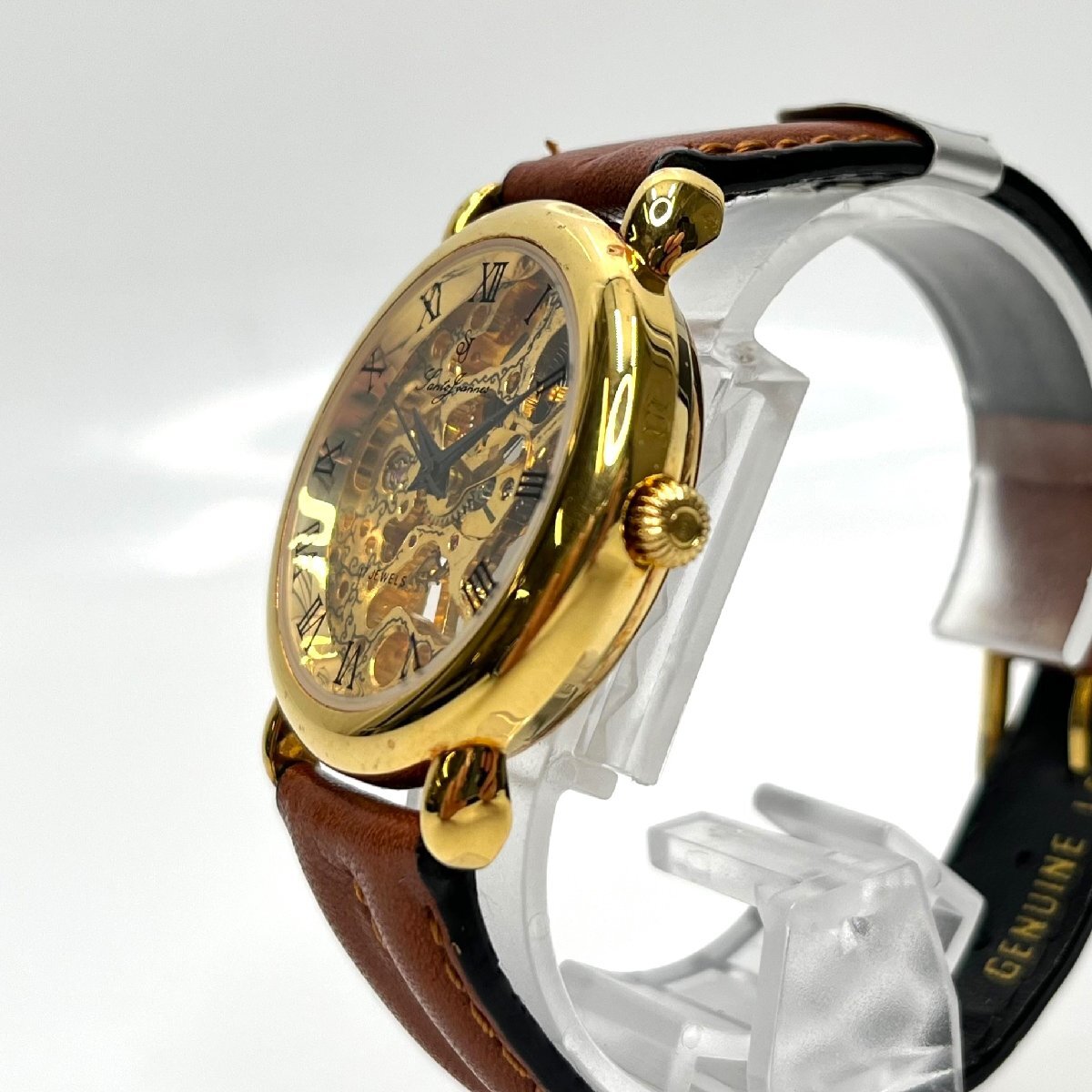 [9304-004] Santo Joannes 腕時計 スケルトン 18KGP 3244 手巻き セントジョイナス 稼働品 ケース付き 革ベルト ゴールド_画像3