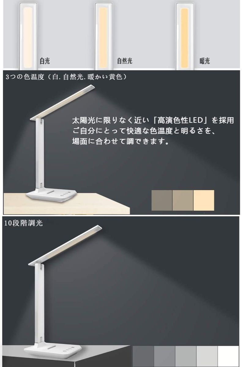 LEDデスクライト　3段階調色　5段階調光　テーブルランプ タッチセンサー　USBポート式（本体：白）