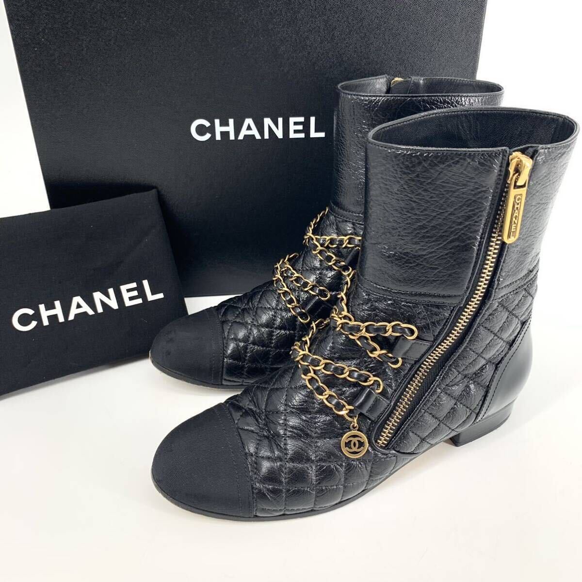  прекрасный товар Chanel CHANEL ботинки короткие сапоги обувь 2018 производства кожа черный здесь Mark цепь matelasse AG 34024 Италия производства 36