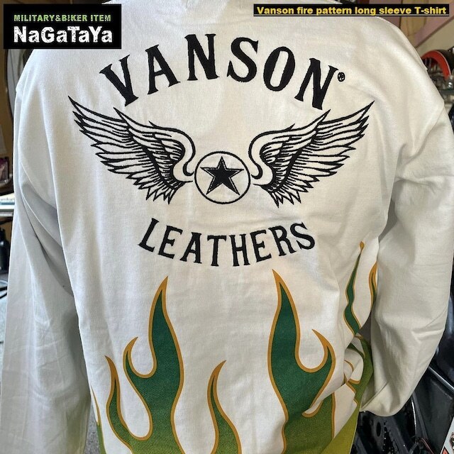 VANSON バンソン NVLT-2403 ファイヤーパターン フライングスター 刺繍 長袖Tシャツ オフホワイト Lサイズ 天竺生地 BIKERウェアー_画像4