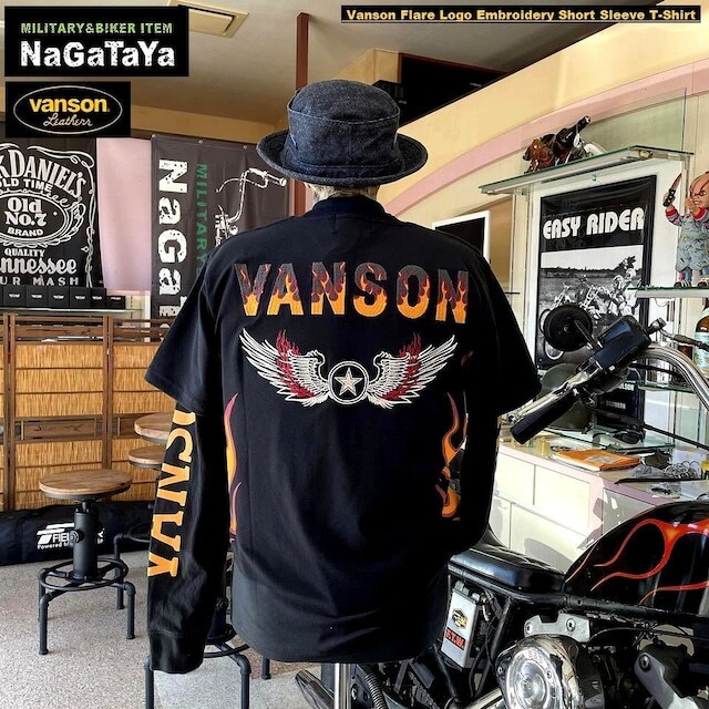 VANSON バンソン NVST-2406 フレアー ロゴ刺繍 ベア天竺 半袖Tシャツ ブラック XLサイズ メンズ トップス_画像4