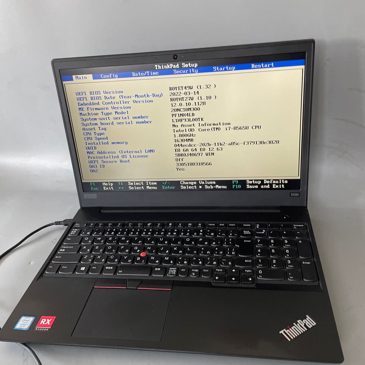 JXJK4126【ジャンク】Lenovo ThinkPad E590 /Core i7-8565U 1.8GHz/ メモリ:16GB/ SSD:512GB +HDD:500GB/BIOS確認済/動作未確認_画像1