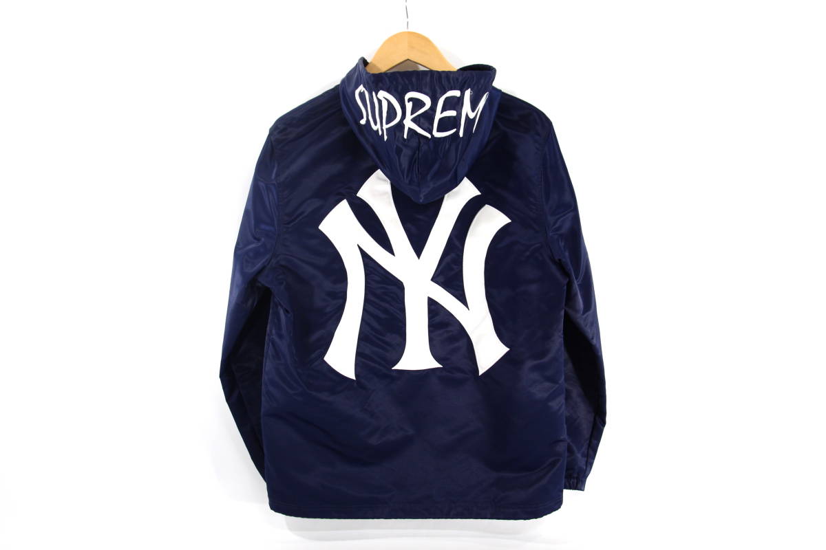 SUPREME 15SS MAJESTIC NY Yankees Satin Hooded Coaches Jacket コーチジャケット S  ネイビー ニューヨーク ヤンキース シュプリーム