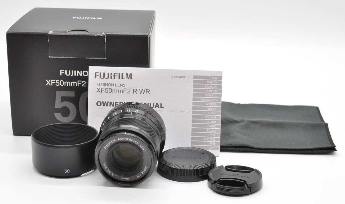 < finest quality beautiful goods!!> FUJIFILM Fuji film XF50mm F2 R WR black! exist . happy original box & hood & lens pouch & instructions attaching!