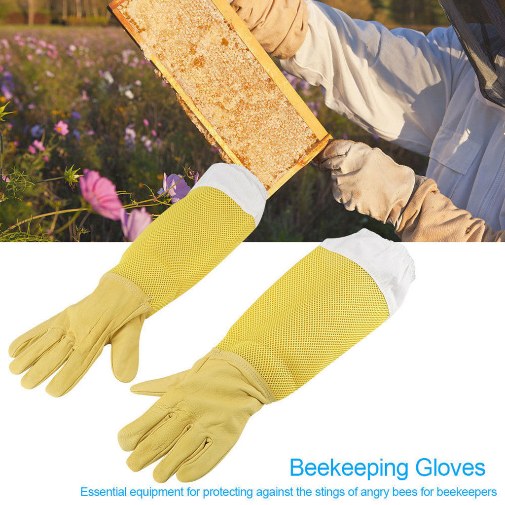 養蜂/日本蜜蜂/西洋蜜蜂用手袋/羊(シープスキン)グローブソフトな通気性抜群の黄色いメッシュと布の保護スリーブ(フリーサイズ)の画像1