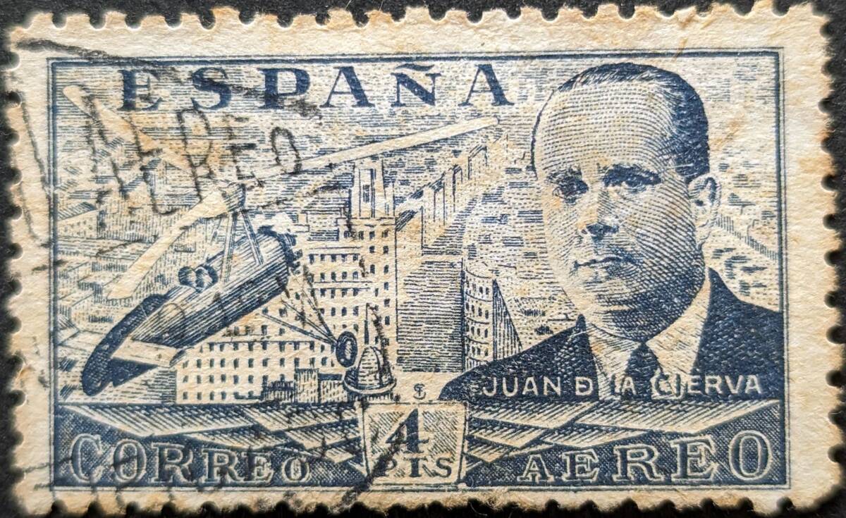 【外国切手】 スペイン 1939年01月14日 発行 航空便 - フアン・デ・ラ・シエルバの死の4周年、1895-1935 消印付き_画像1