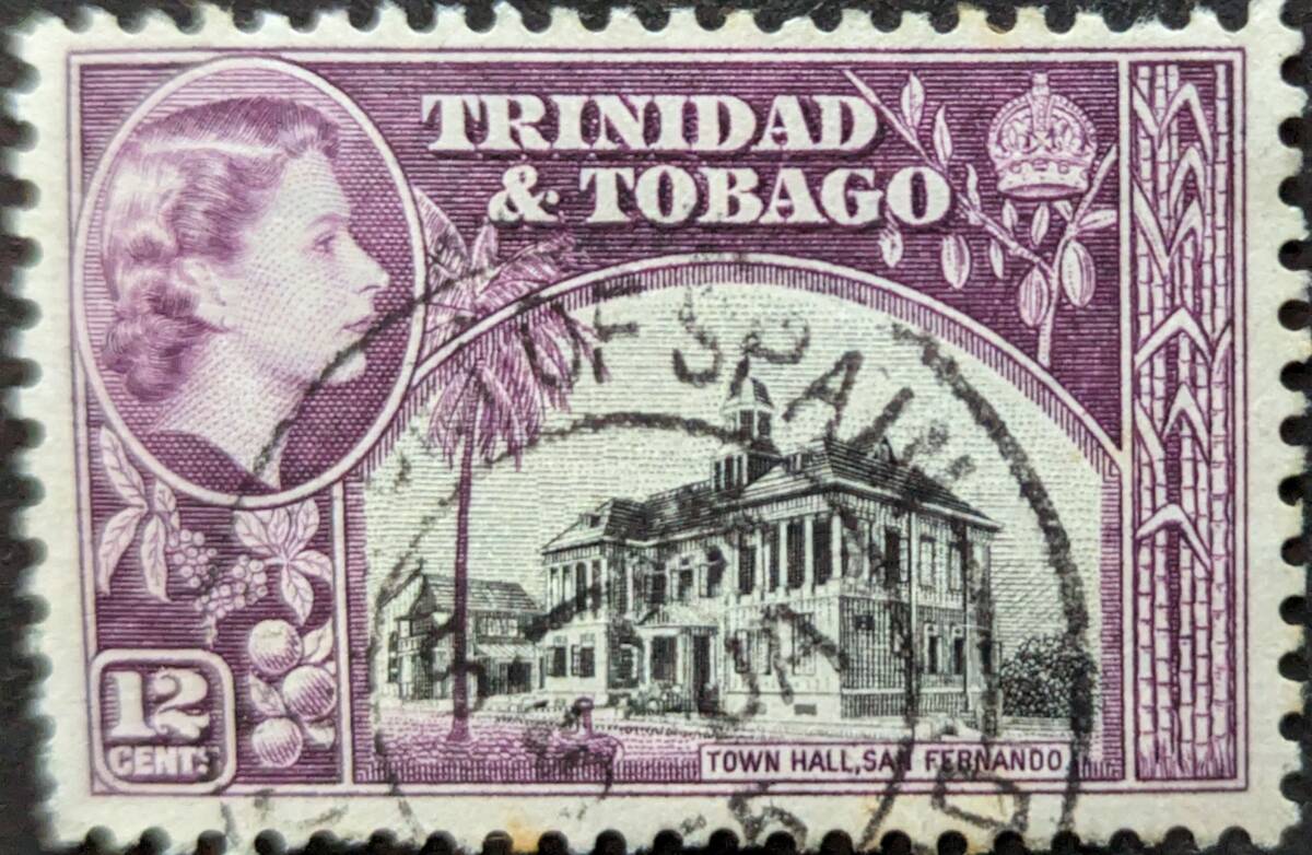【外国切手】 トリニダード・ドバゴ 1953年04月20日 発行 エリザベス2世女王、風景と建物 消印付きの画像1