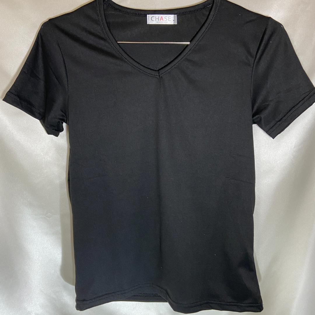 Vネック シャツ 半袖 きれいめ シンプル カットソー レディース Tシャツ 黒 M