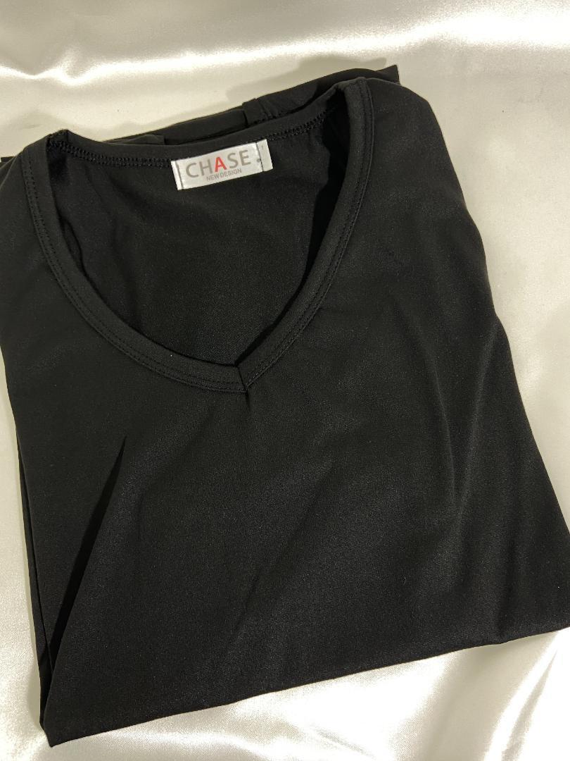Vネック シャツ 半袖 きれいめ シンプル カットソー レディース Tシャツ 黒 M