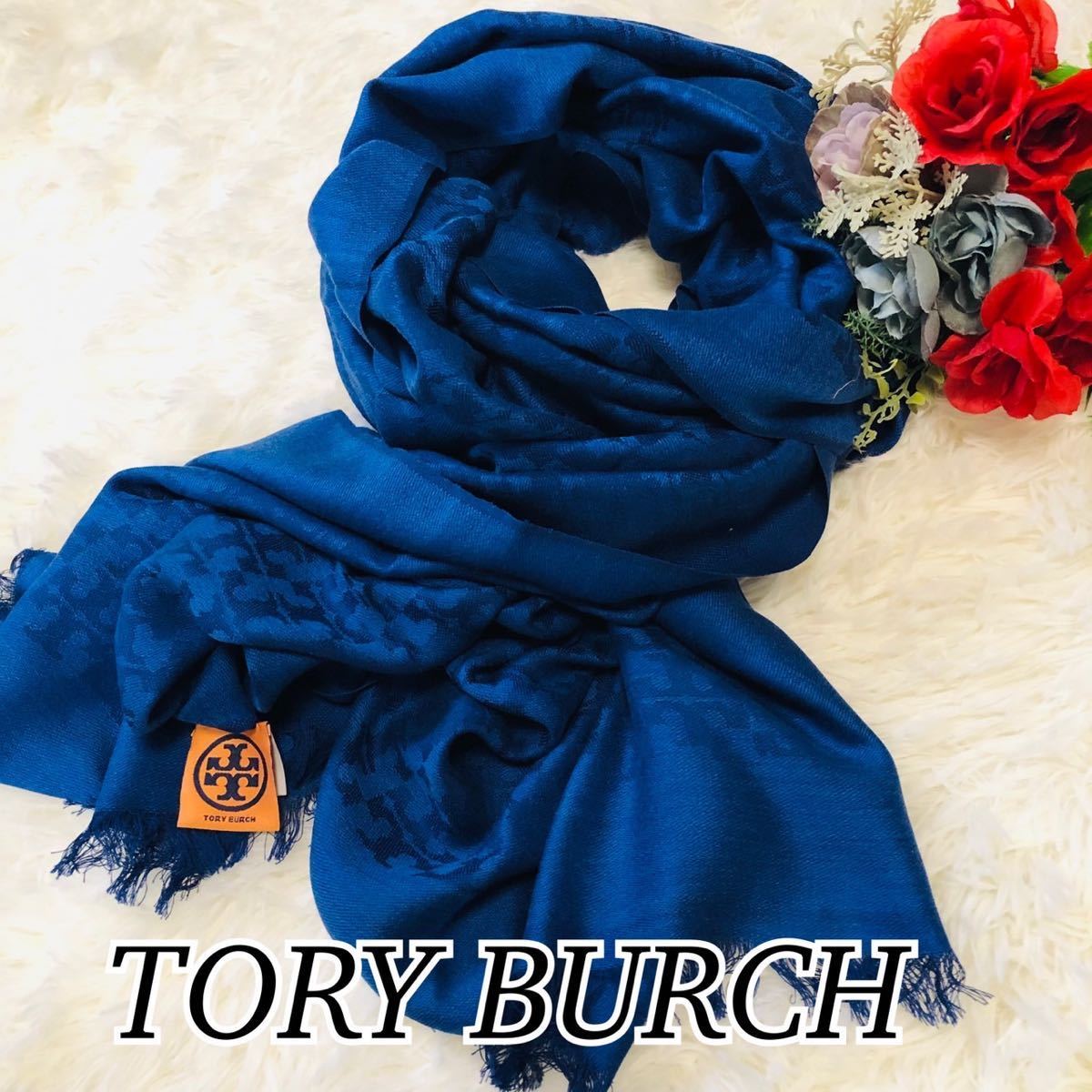 TORYBURCH トリーバーチ レディース 女性 マフラー 大判 ストール ブルー 青 Blue ロゴ 総柄 美品 未使用に近い サイズ 68×200cm_画像1