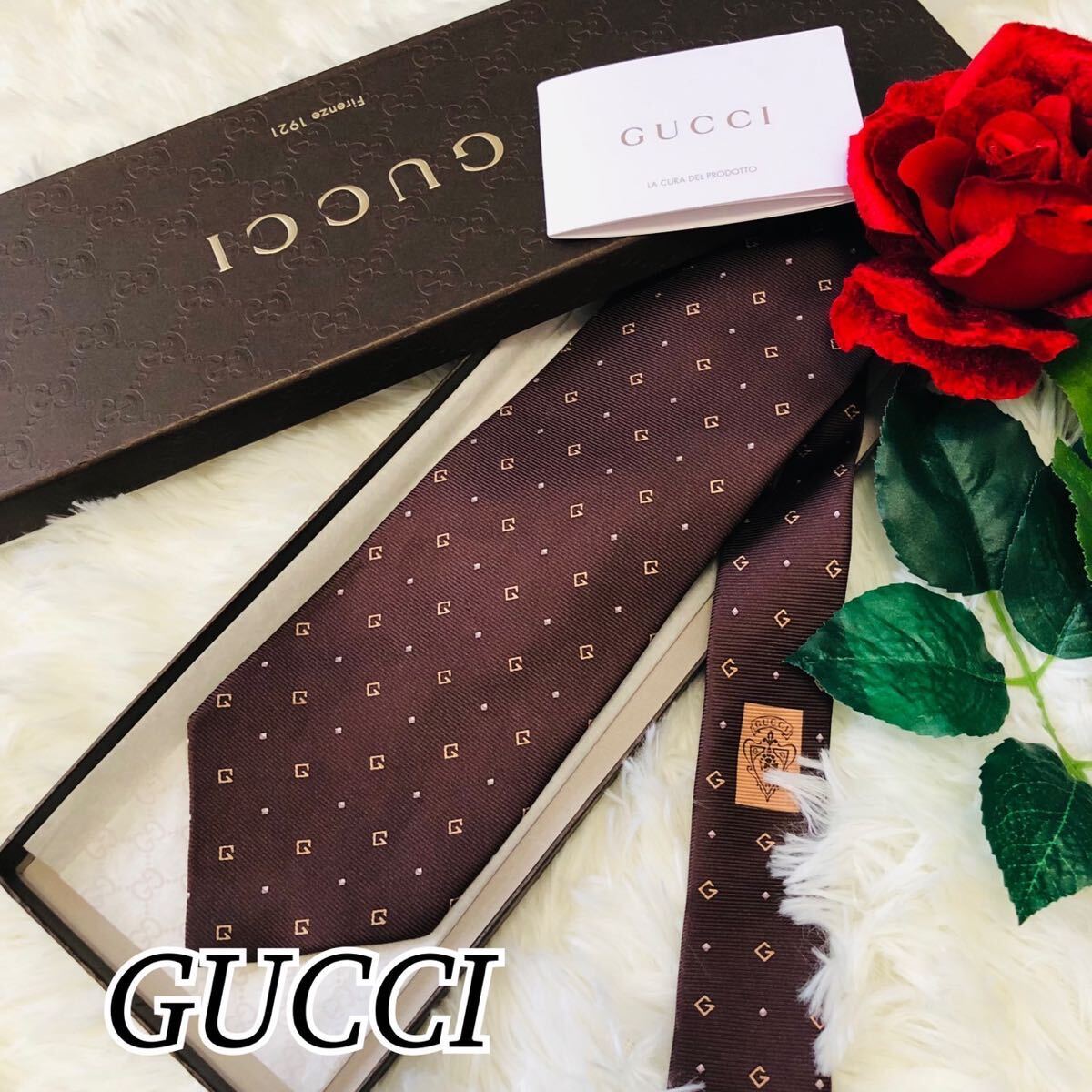 GUCCI グッチ メンズ 男性 紳士 ネクタイ ブランドネクタイ 総柄 G総柄 ブラウン 茶 ビジネス スーツ 結婚式 剣先 9.2cm_画像1