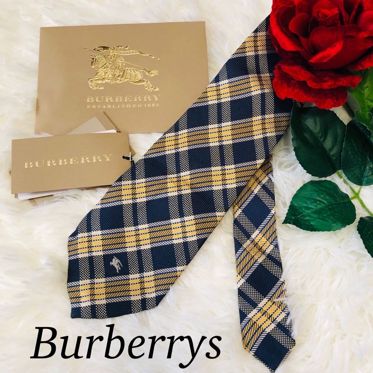 Burberrys バーバリー BURBERRY メンズ 男性 紳士 ネクタイ 総柄 ネイビー イエロー 紺 黄 ホースロゴ ビジネス 結婚式 スーツ 剣先 9.3cm_画像1