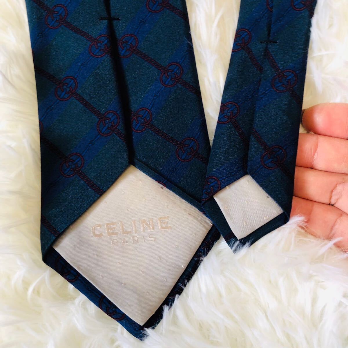 CELINE Celine men's man gentleman necktie brand necktie total pattern Logo blue green blue green beautiful goods unused . close ..8cm