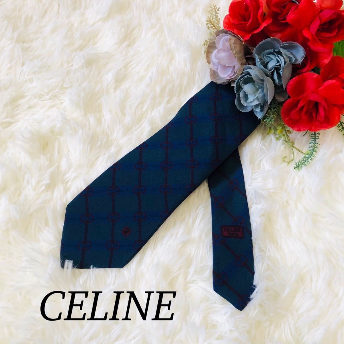 CELINE Celine men's man gentleman necktie brand necktie total pattern Logo blue green blue green beautiful goods unused . close ..8cm