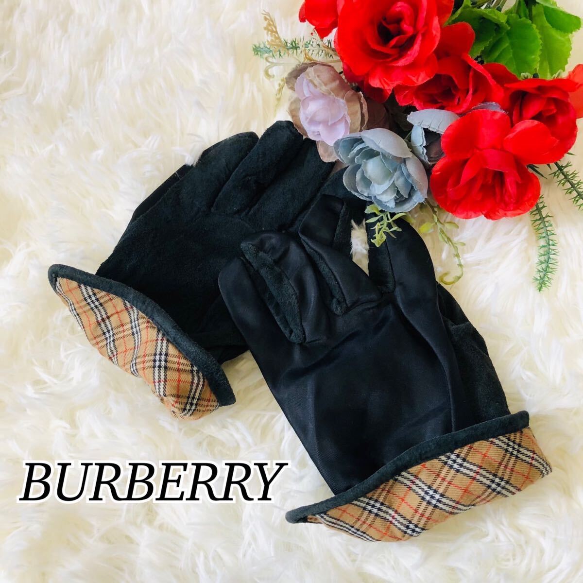 BURBERRY バーバリー レディース 女性 婦人 手袋 グローブ 黒 ブラック ホースロゴ チェック チェック柄 ビジネス 私服 通勤用 10.5×21cm_画像1