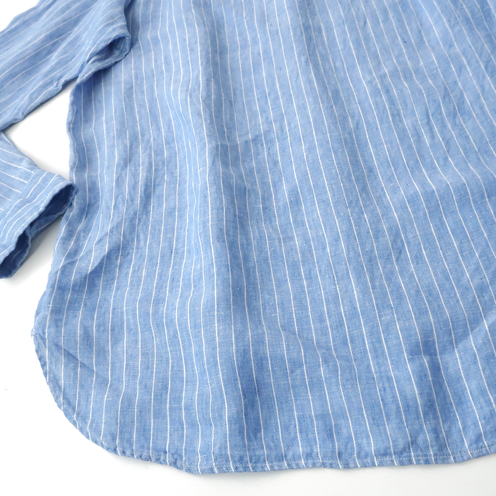 POLO RalphLauren バンドカラー リネンシャツ 麻100％ ペンシルストライプ ブルー(M) ノーカラー/インドリネン/ポニー刺繍の画像9