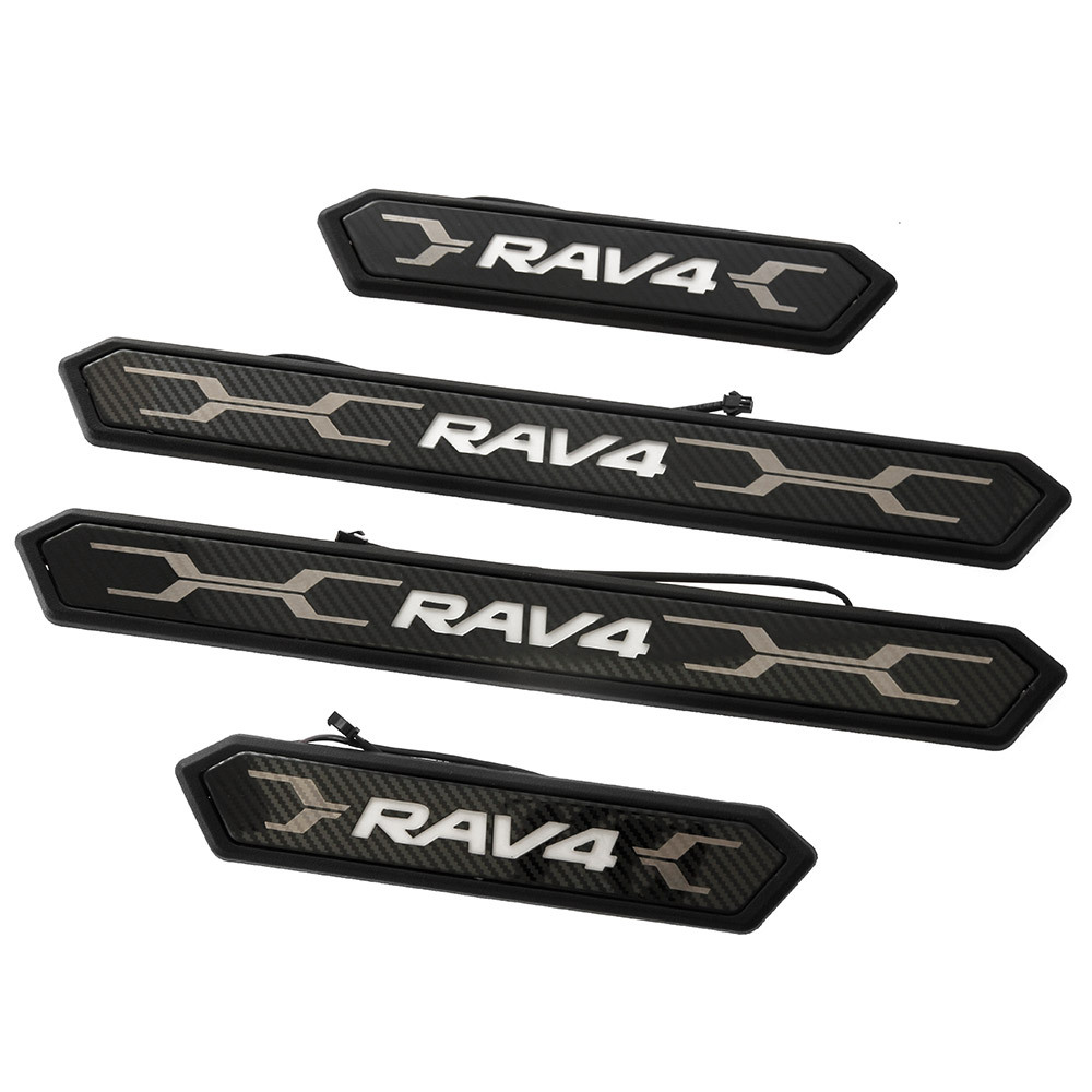新型 RAV4 50系 青LED スカッフプレート サイドステップ カート アクセサリー 内装 ハイブリッド アドベンチャー 12V 4枚 カーボン調@_画像1
