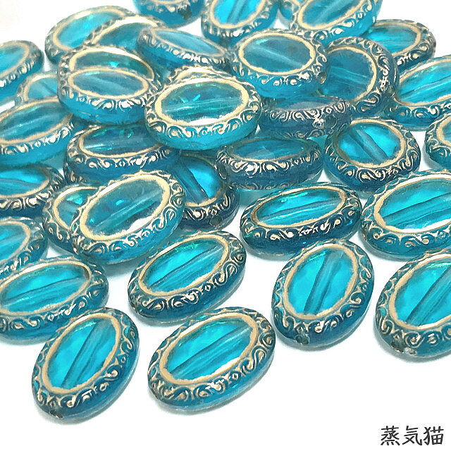 b9338 antique style oval beads blue green 30 piece [ sea summer cosmos hand made for accessory parts material ] steam cat parts 