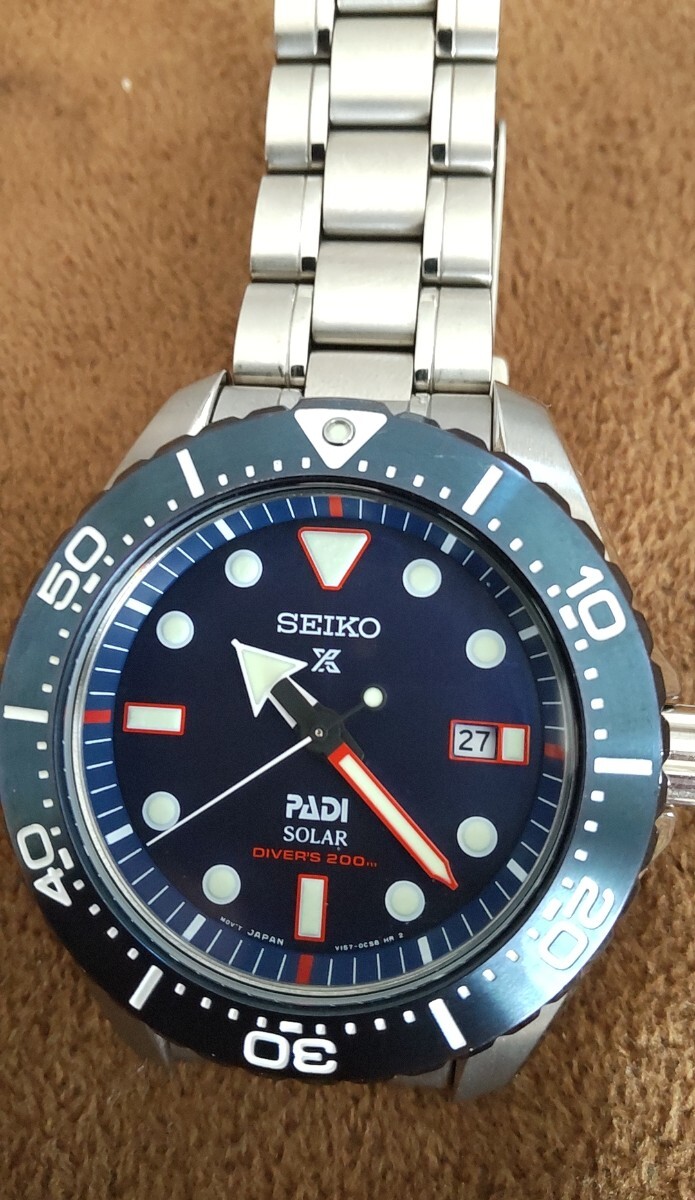 美品部類/軽量チタニウム(チタン)【1800本限定】稼働品/清潔★SEIKO×PADI★PROSPEX SBDJ015/V157-0BS0★ソーラーダイバーズウォッチ腕時計_画像3