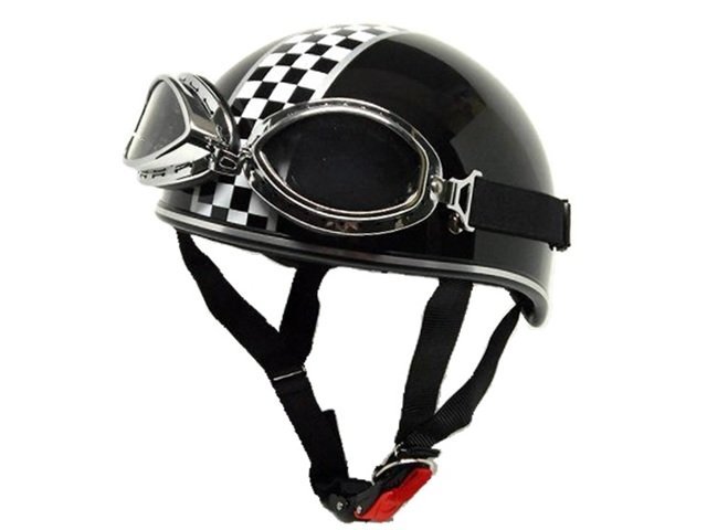 ゴーグル付き ハーフヘルメット 半キャップ ★チェッカーライン 黒 人気のダックテールスタイル 原付 125cc以下のバイクにオススメの画像7