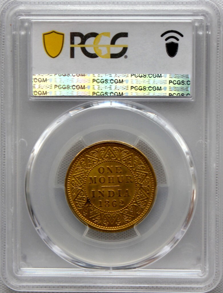 1862年 英領インド ビクトリア 1モハール金貨 PCGS MS61 『v on bust 2flowers』手変わり品!!_画像7