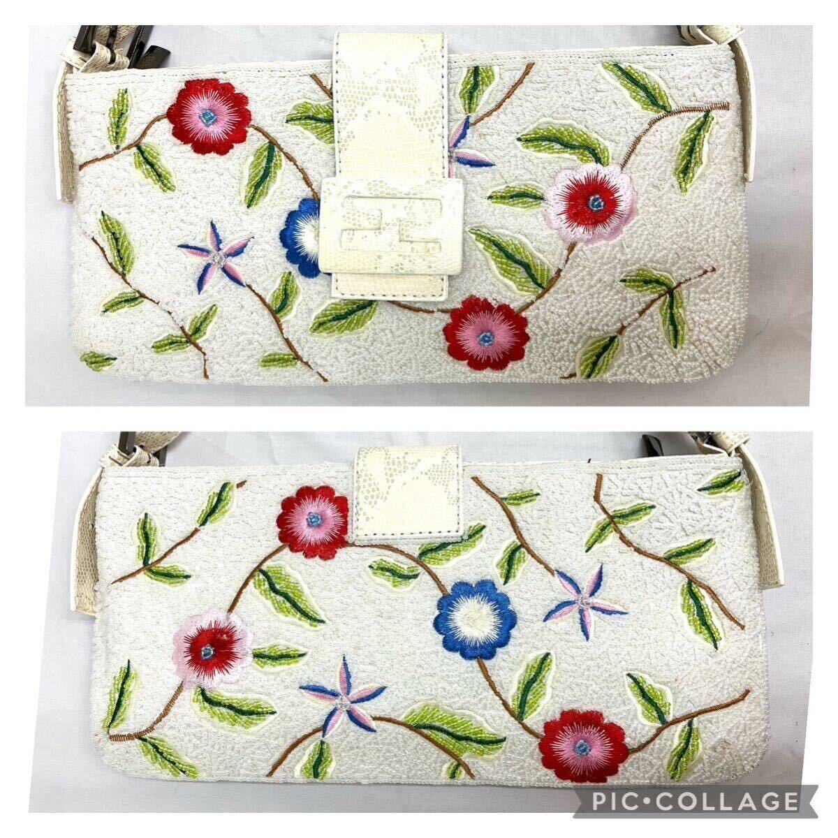  new goods unused long-term keeping goods beads bag party back handbag lady's white imitation leather floral print embroidery 240320-1