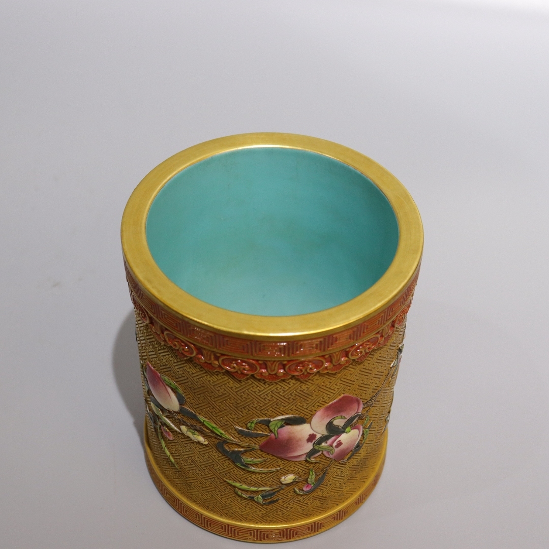 古陶芸 清・乾隆 古陶磁器 粉彩蒔絵福寿筆筒 極細工 骨董品 古賞物 中国骨董 唐物 高さ15cm幅12cm AW-017